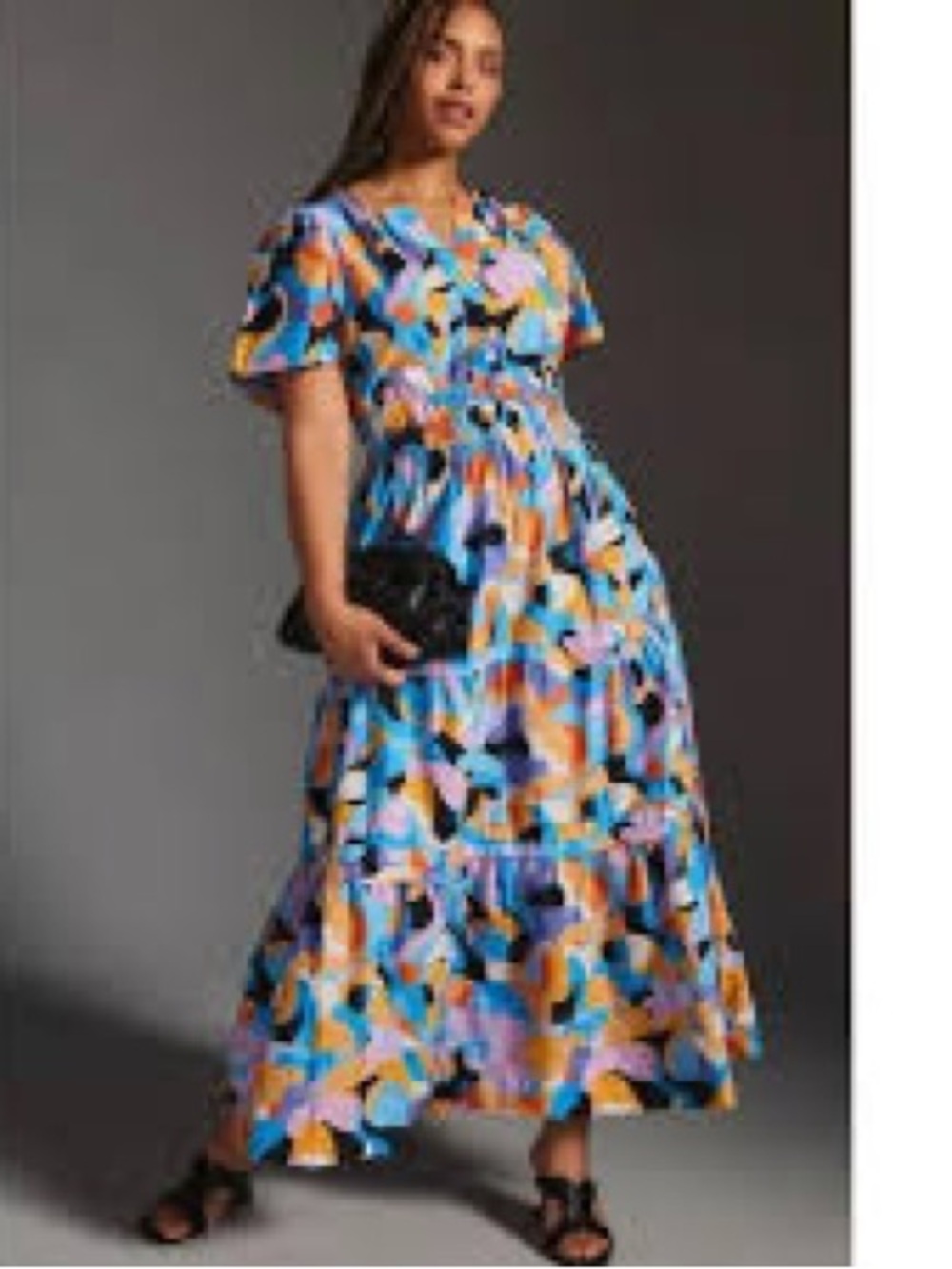 Anthropologie Somerset Blue Orange Pink Tiered Maxi Dress with Flutter Sleeves
